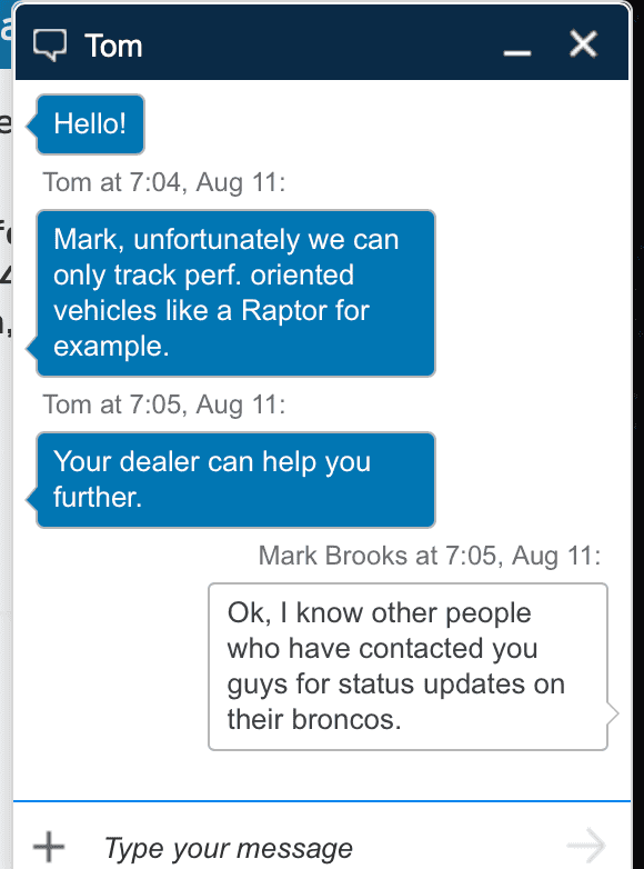 Ford Bronco Confirm Your Build Date in less than 5 mins with Ford Chat Screen Shot 2022-08-11 at 7.05.39 AM