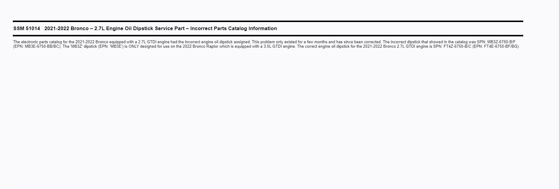 Ford Bronco New SSM 51014 released by Ford explaining 2.7 engine dipstick confusion SSM 51014