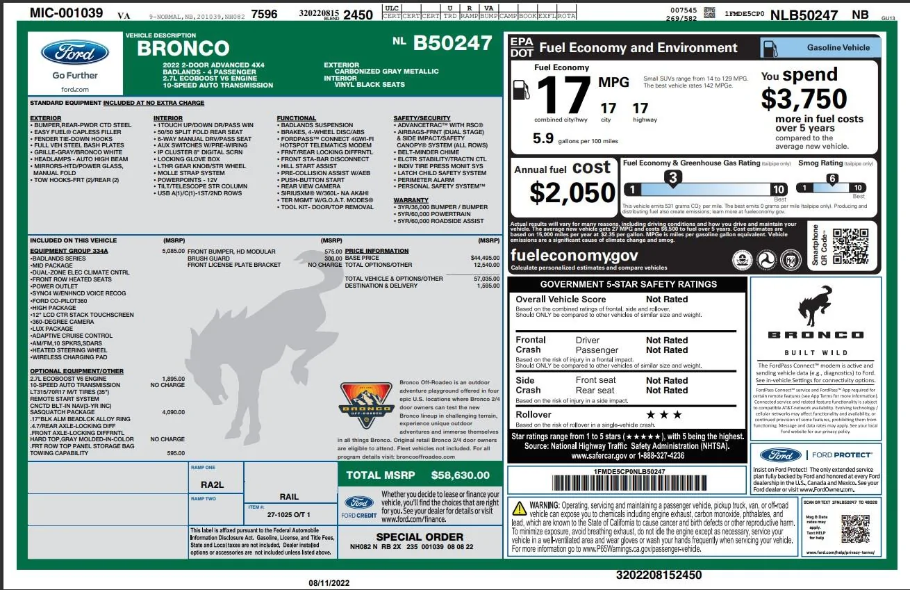 Ford Bronco 8/15/22 Build Week Group Window Sticker