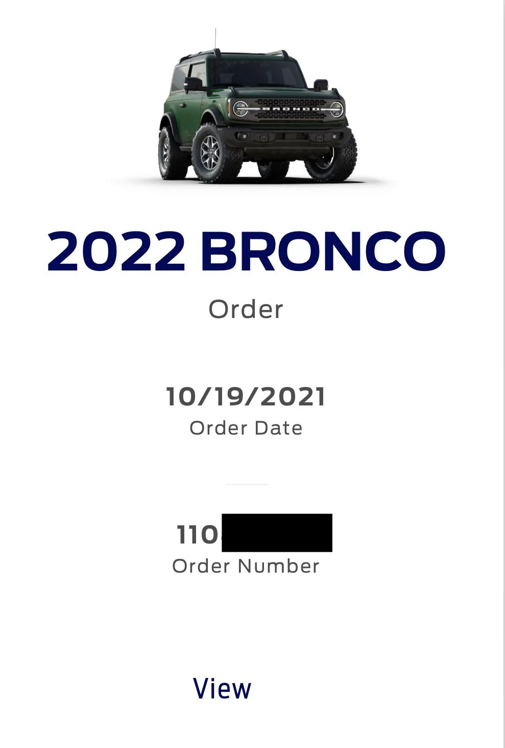 Ford Bronco What order numbers have received a VIN? 82EA116A-B9AF-4502-9DFA-D3B5D3EA6500