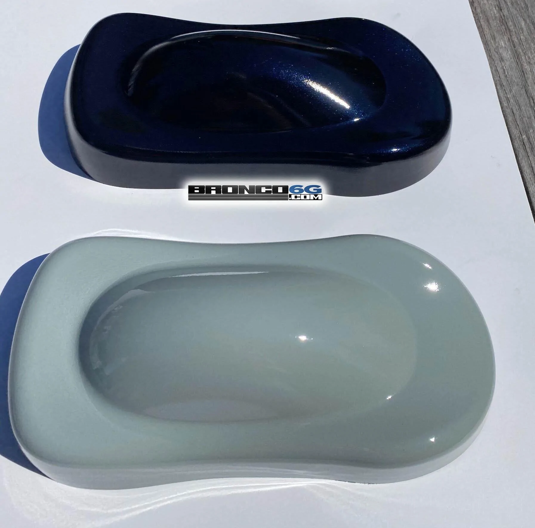 Ford Bronco Painted Physical Color Samples Experiment: Antimatter Blue vs. Area 51 vs. Area 51 vs Cactus Gray (Now Clear Coated) antimatter-blue-and-cactus-gray-painted-sample-jpg