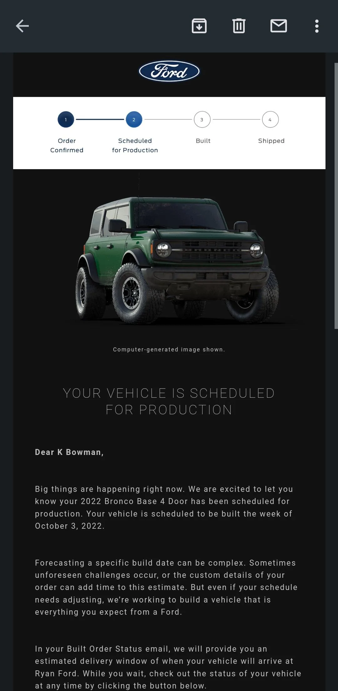 Ford Bronco Build week 10/3/22 Group Screenshot_20220909-091550_Gmail