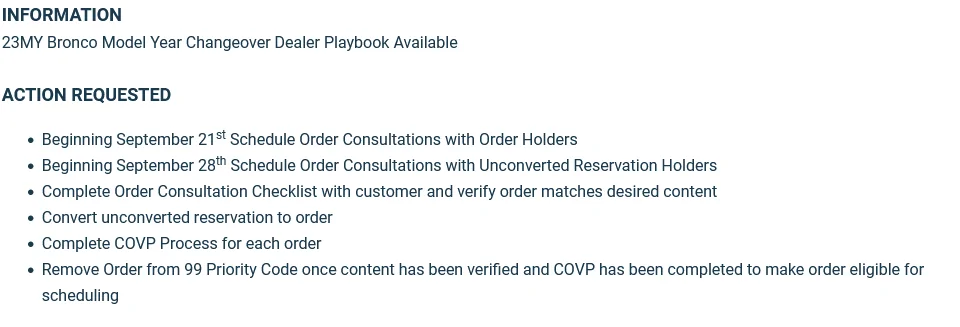 Ford Bronco 2023MY Bronco Dealer Playbook released for reservation conversion, carry-over orders, COVP, price protection, Heritage Edition, allocations, dates 1663098029441