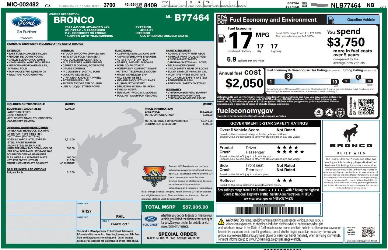 Ford Bronco 9/19/22 Build Week Bronco window sticker