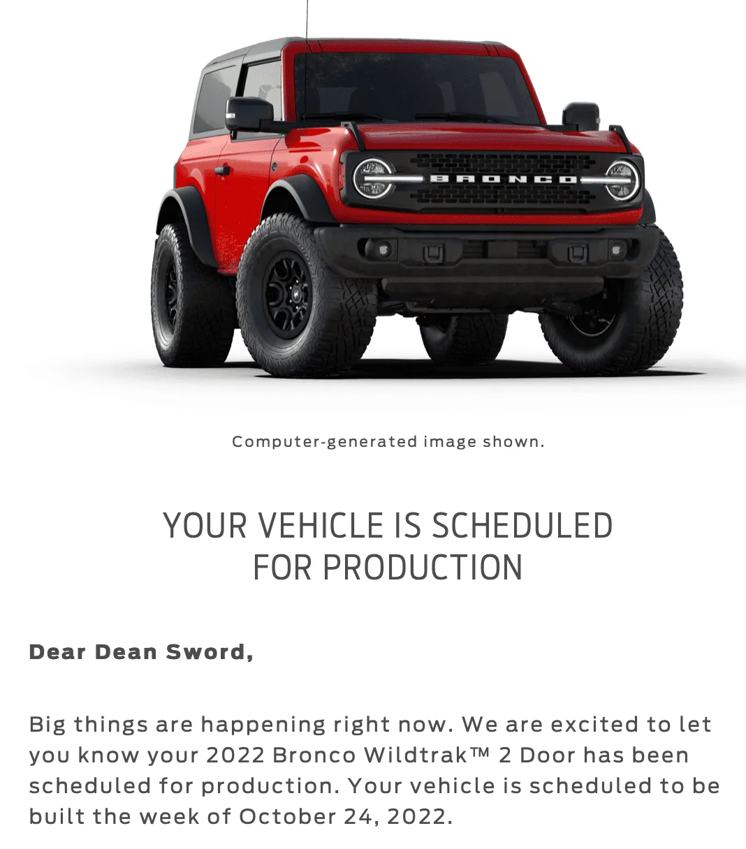Ford Bronco Build Date Email Received. With a VIN. 1663635628325