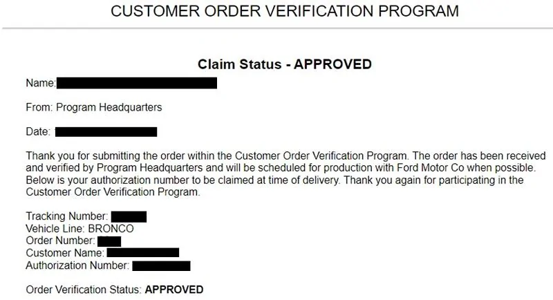 Ford Bronco Observations from my reorder process yesterday COVP Verify