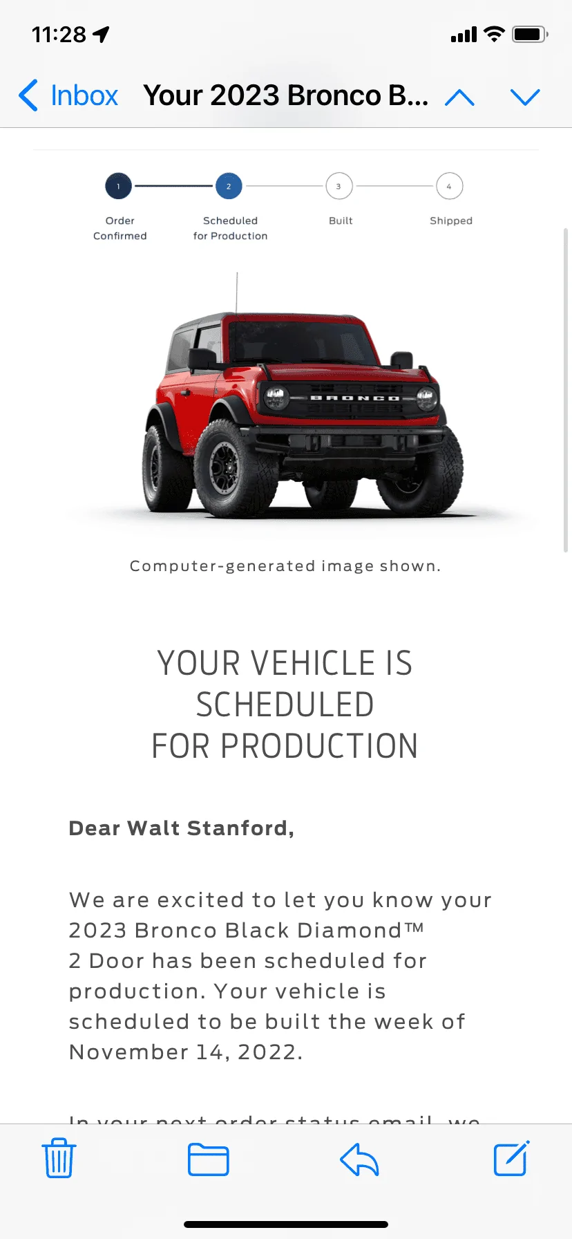 Ford Bronco 📬 2023 Bronco production scheduled build emails now going out! Gets yours yet? 9EC5B5EE-93D1-442B-9559-4D6F08C98CFE