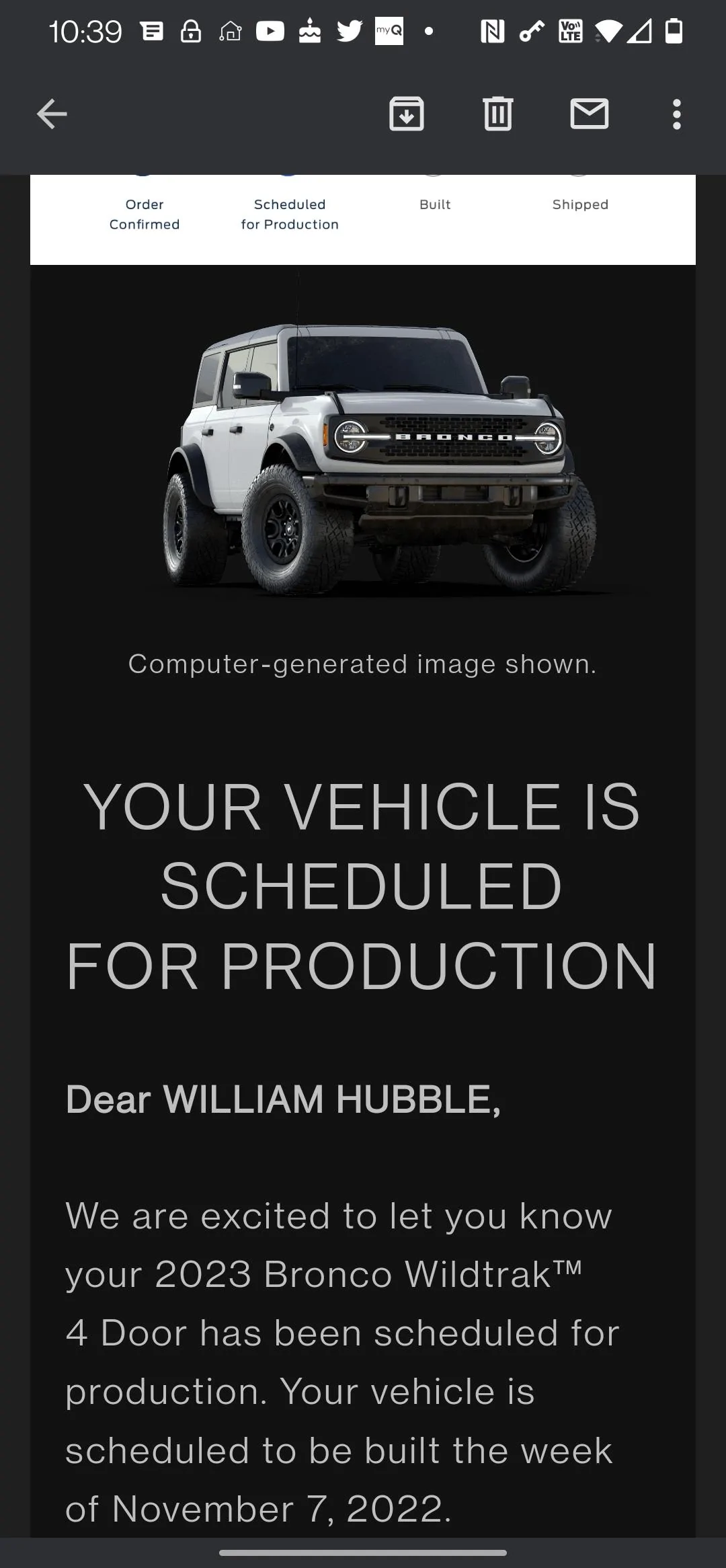 Ford Bronco 📬 2023 Bronco production scheduled build emails now going out! Gets yours yet? Screenshot_20221006-103959