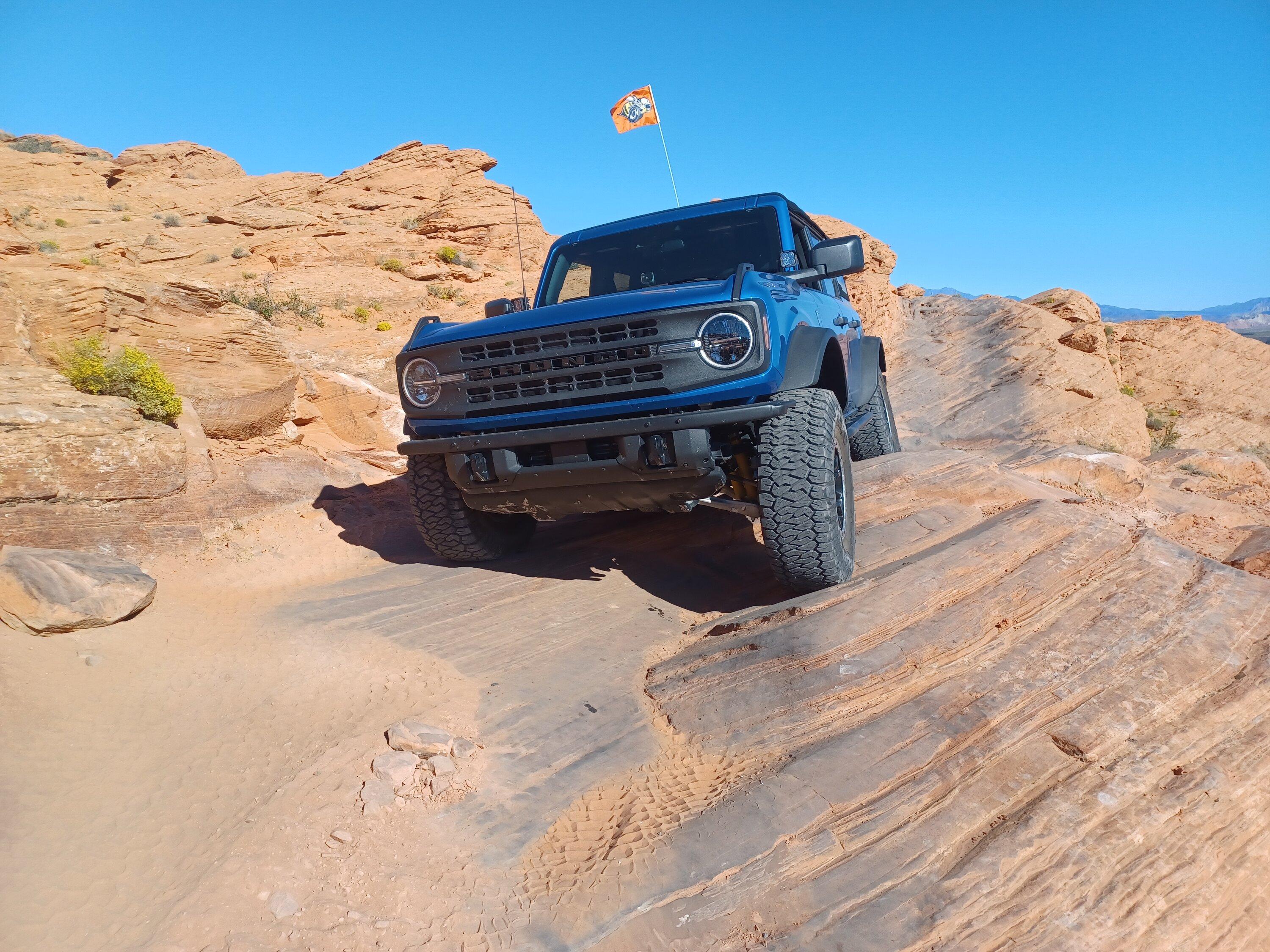 Ford Bronco My Basesquatch on 37s doing Trail Hero at Sand Hollow.  Plan B , and Double Sammy 20221007_104104