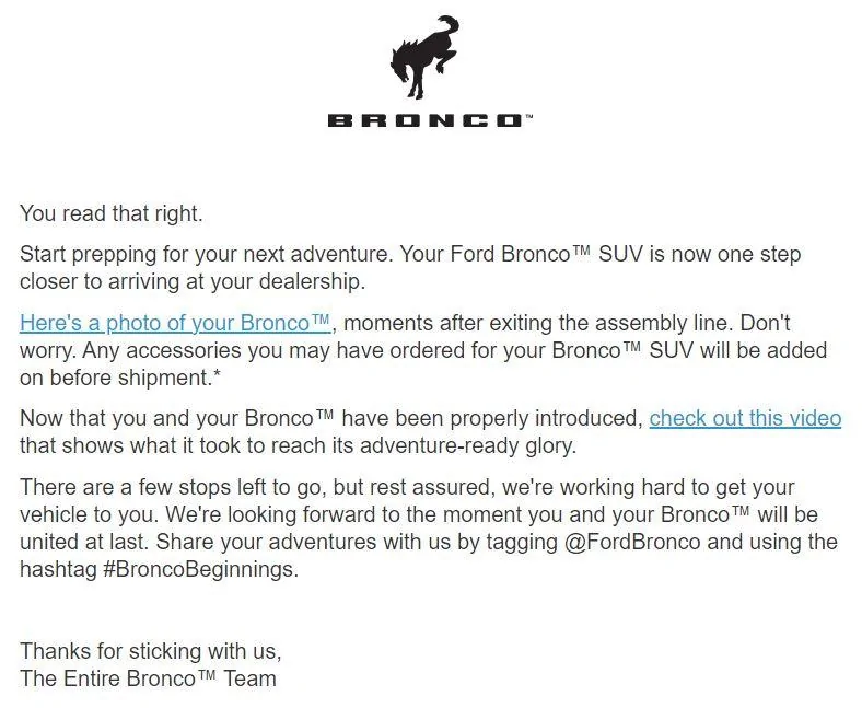 Ford Bronco 9/19/22 Build Week Bronco built email
