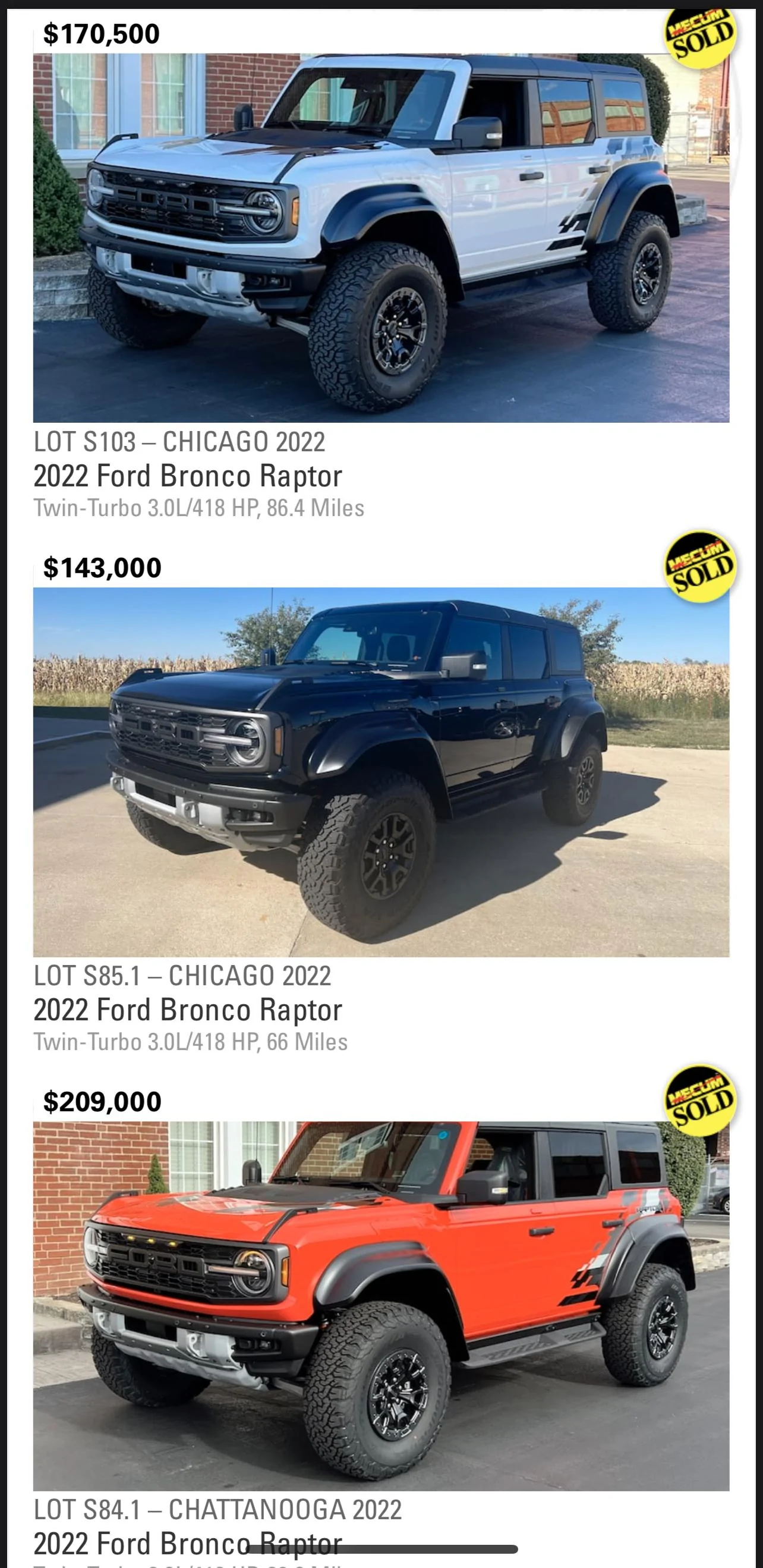 Ford Bronco Bronco Raptors at Mecum Auction end at $155K and $130K winning prices 4D1327AF-DBF3-4A28-A377-5629AE4FCD05