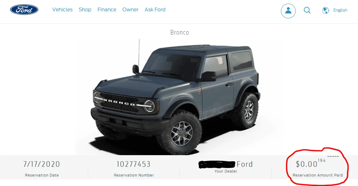 Ford Bronco Cutoff date for deposit refund? 1601326738011