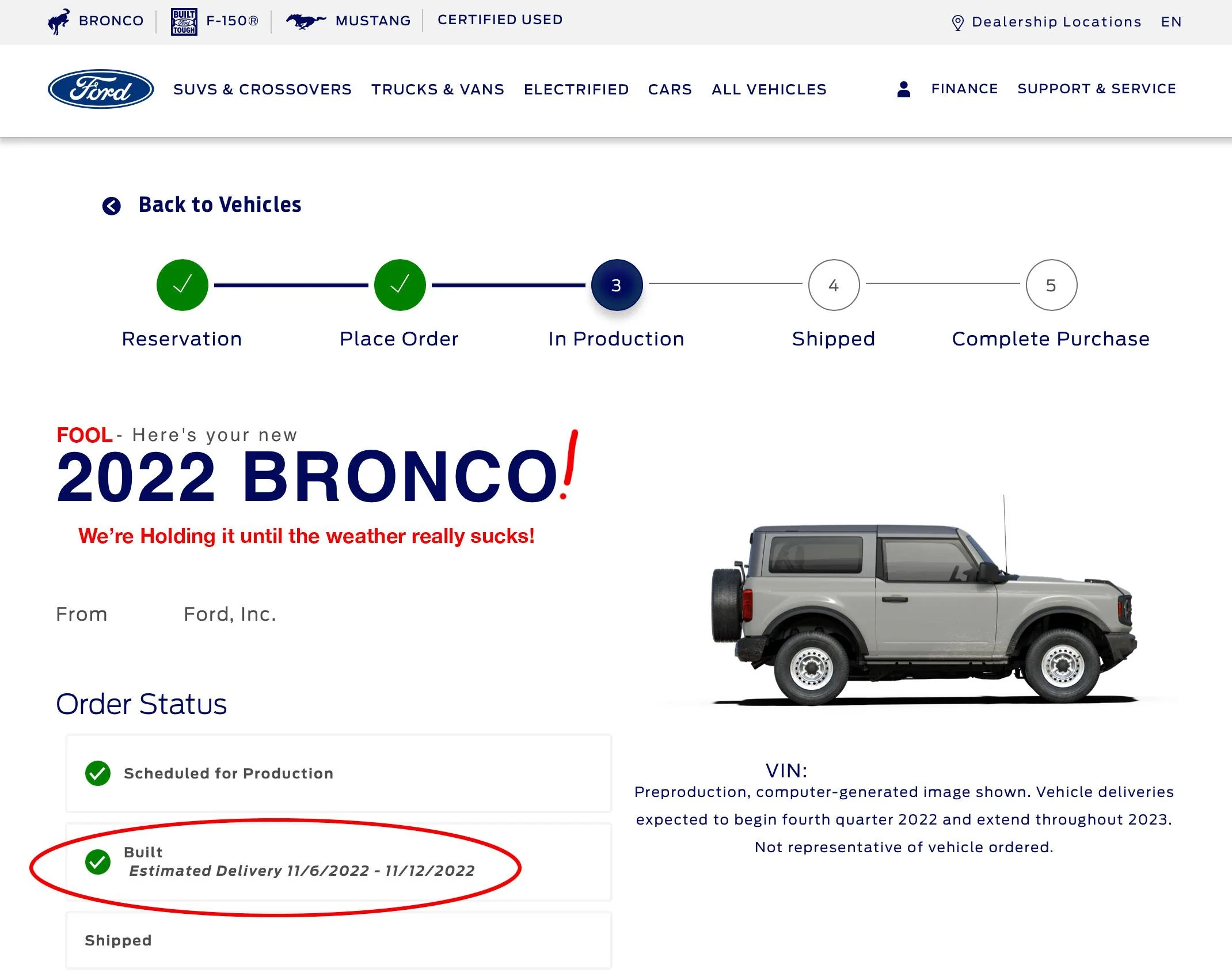 Ford Bronco 8/8/22 Build Week Group. Bronco-Status