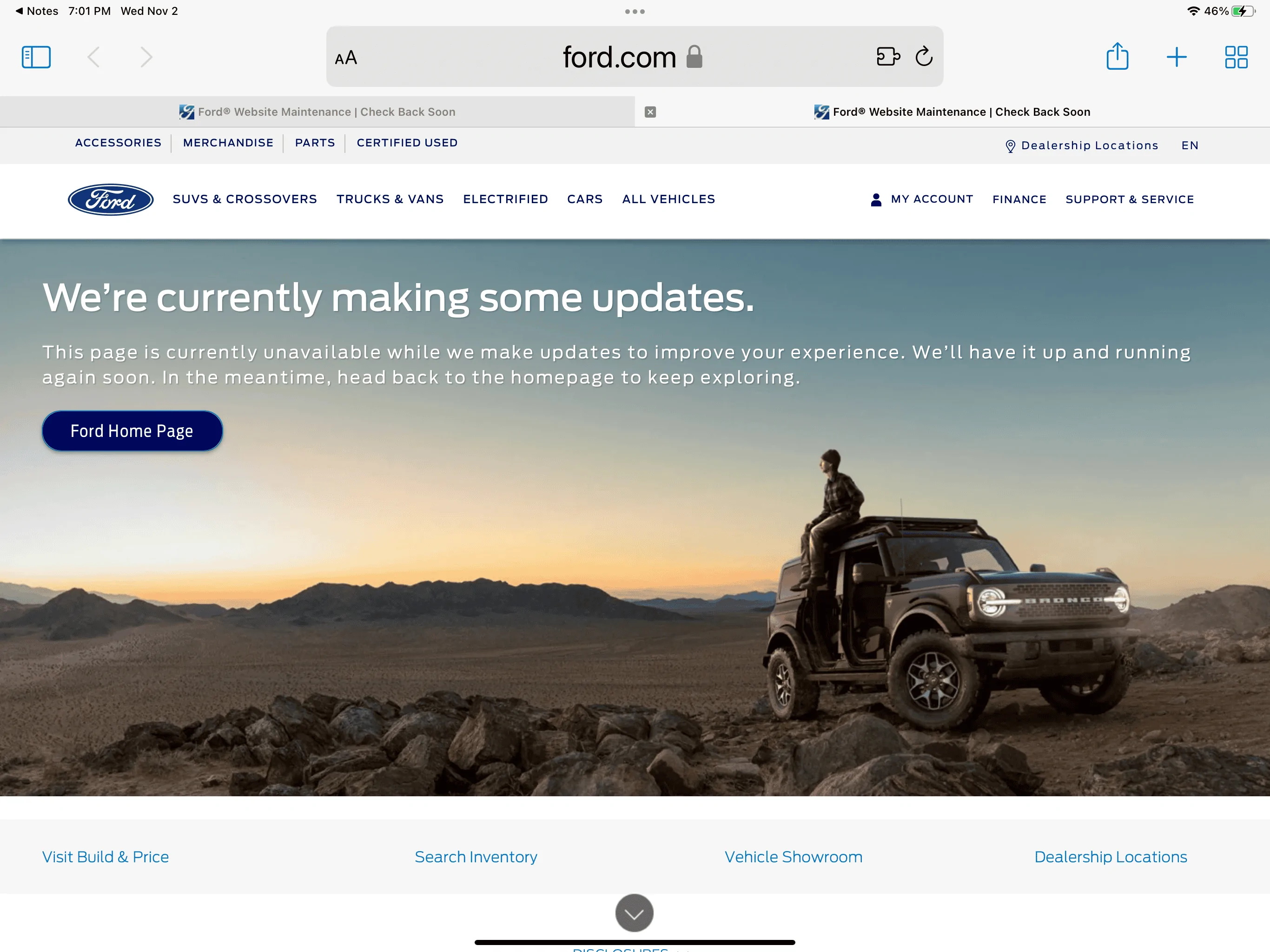 Ford Bronco Ford.com site down for maintenance. D6BF4BDF-812B-4BAB-8B8D-D33E11BE6722