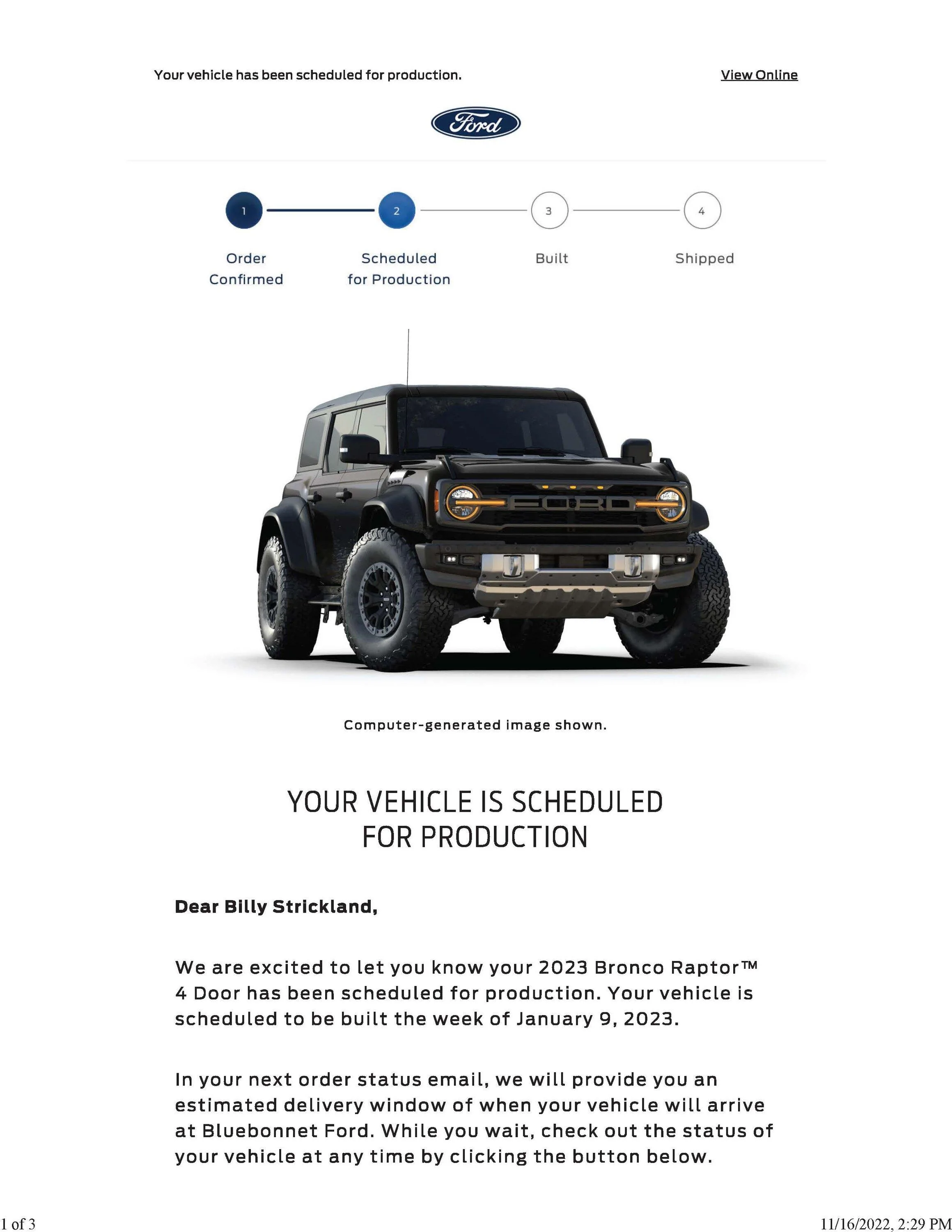 Ford Bronco Raptor ordered! Your 2023 Bronco Raptor™ Order 1