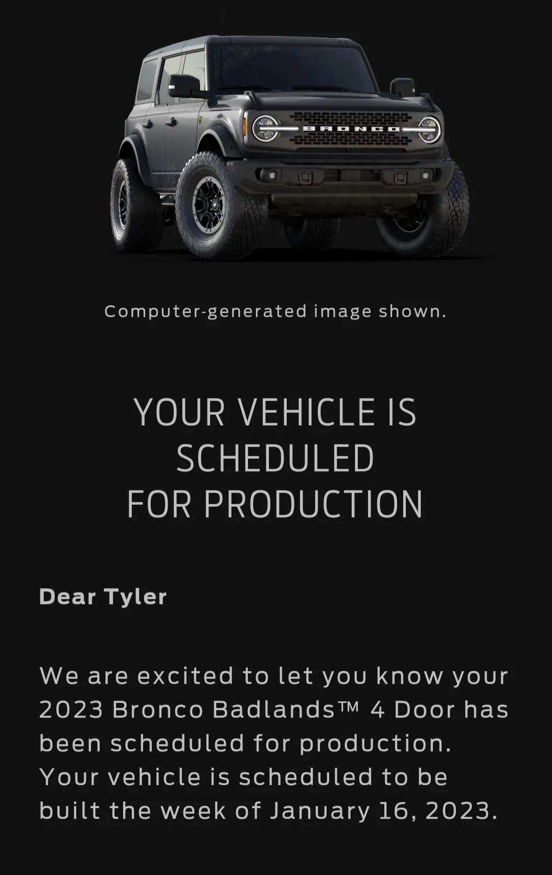 Ford Bronco 📬 Scheduling 11/17 for production weeks through 1/16 [Emails now rolling in!] Screenshot_20221117-170805_Email