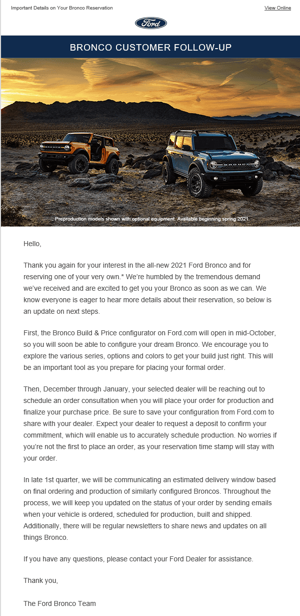Ford Bronco Ford email update -- reservations, ordering, mid-October Build & Price 1601662188070