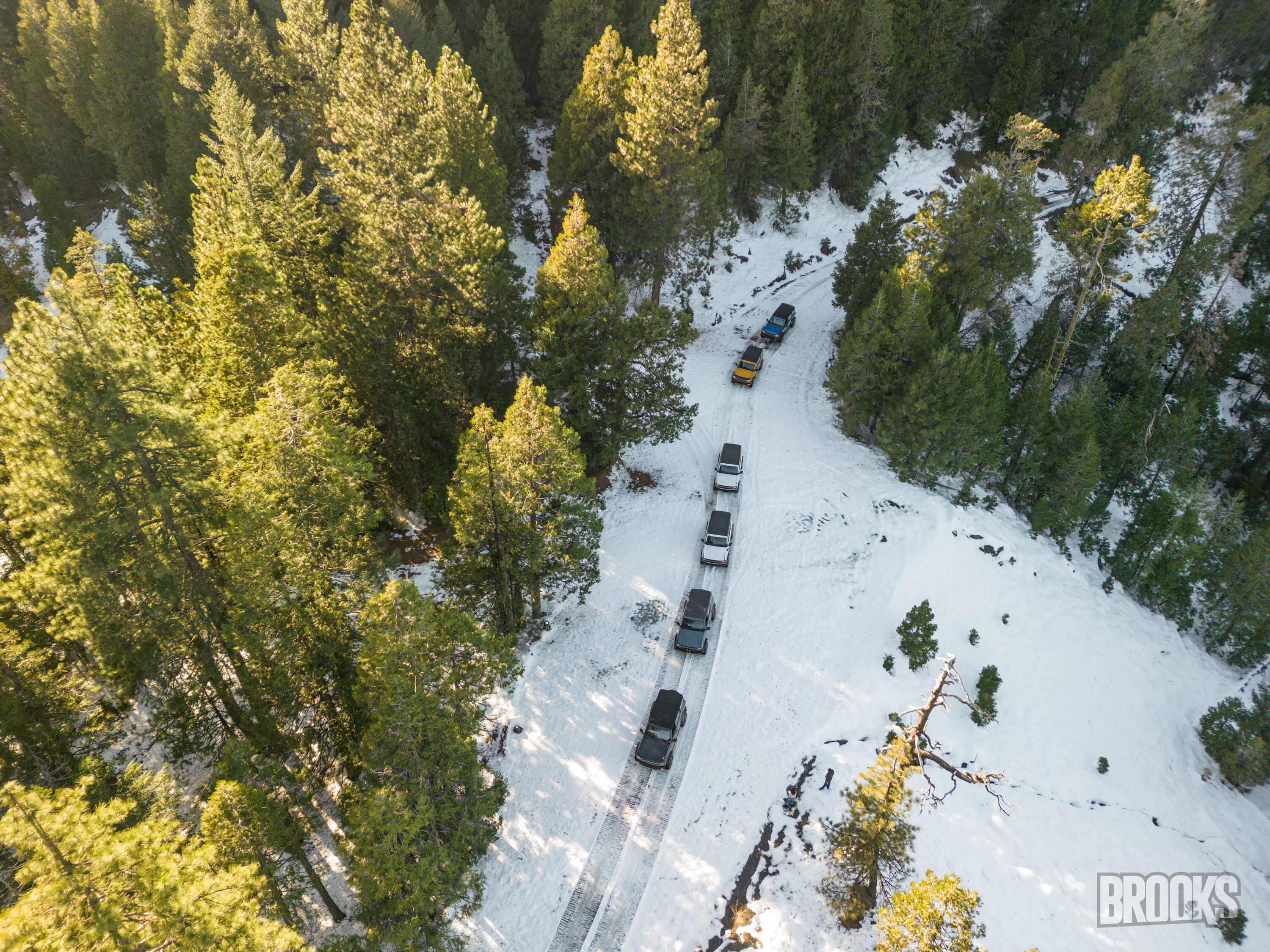 Ford Bronco Northern CA group drive up Poker Flat to Saddleback Mountain - a little detour, but still had fun aerial in snow