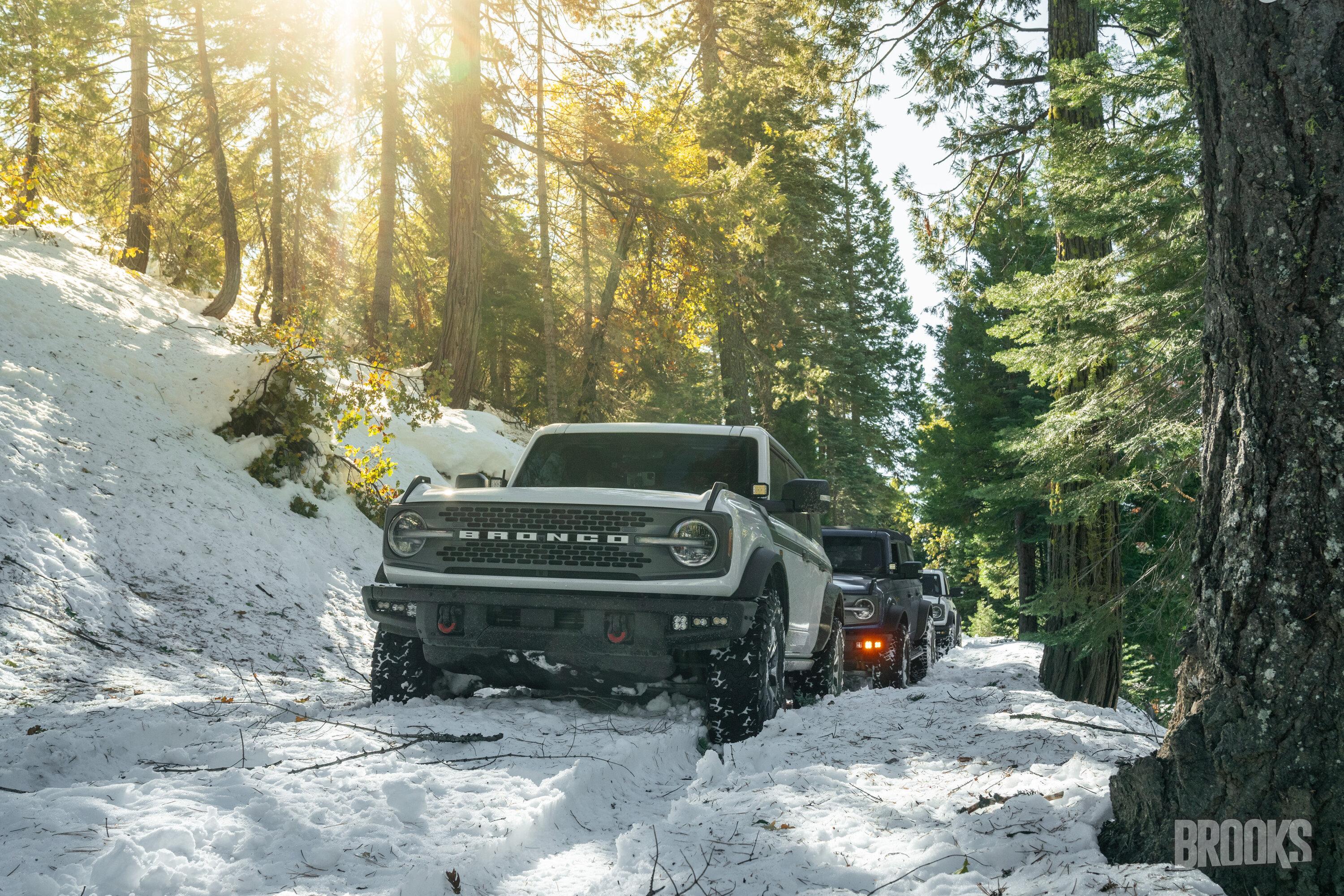 Ford Bronco Northern CA group drive up Poker Flat to Saddleback Mountain - a little detour, but still had fun deep snow backlit