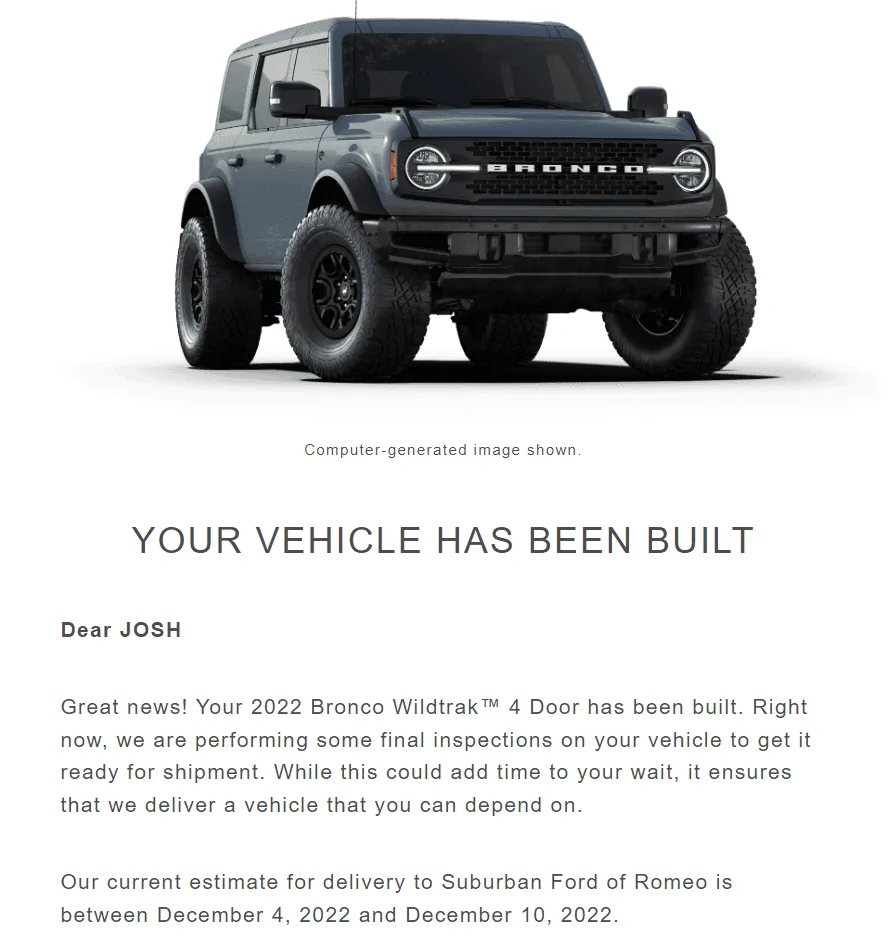 Ford Bronco 10/31/2022 build week group 1669809595895
