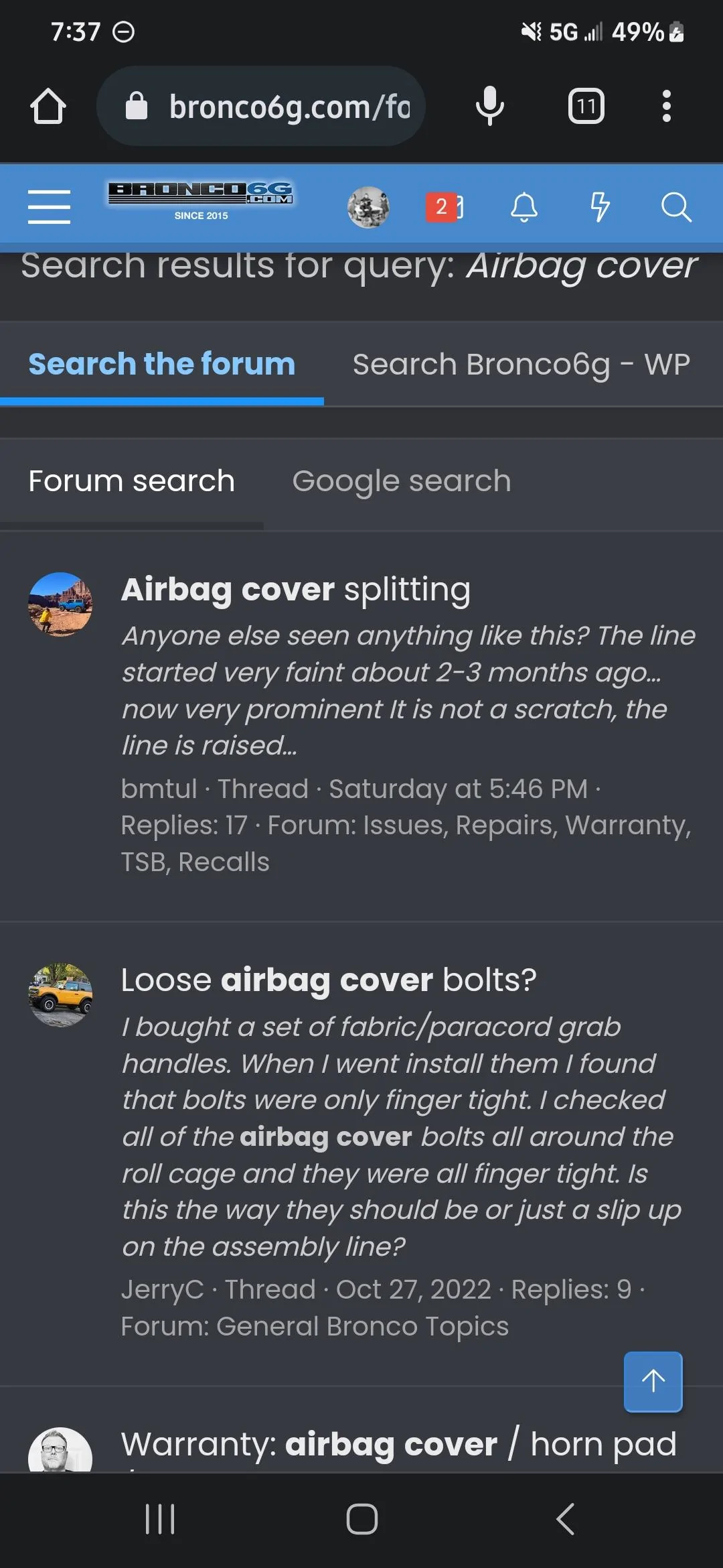 Ford Bronco Airbag cover splitting Screenshot_20221130_073713_Chrom