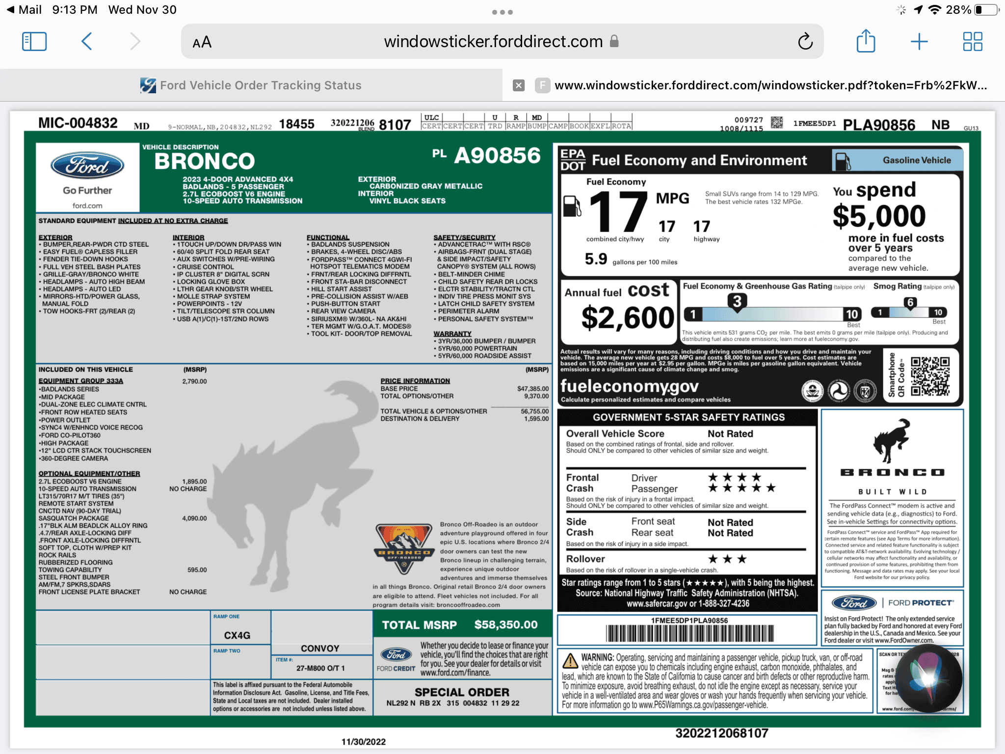 Ford Bronco 12/5/2022 Build week with spreadsheet 3BE0433A-335E-4282-859A-C92F904115B1
