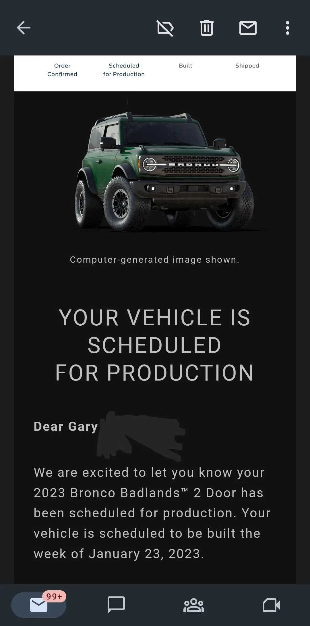 Ford Bronco 📬 Bronco Scheduling Emails Now Arriving Today 12/1/22 -- Post Your Emails! Screenshot_20221201_152532