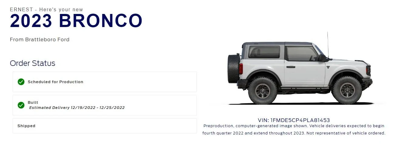 Ford Bronco 11/28/2022 Build Week built