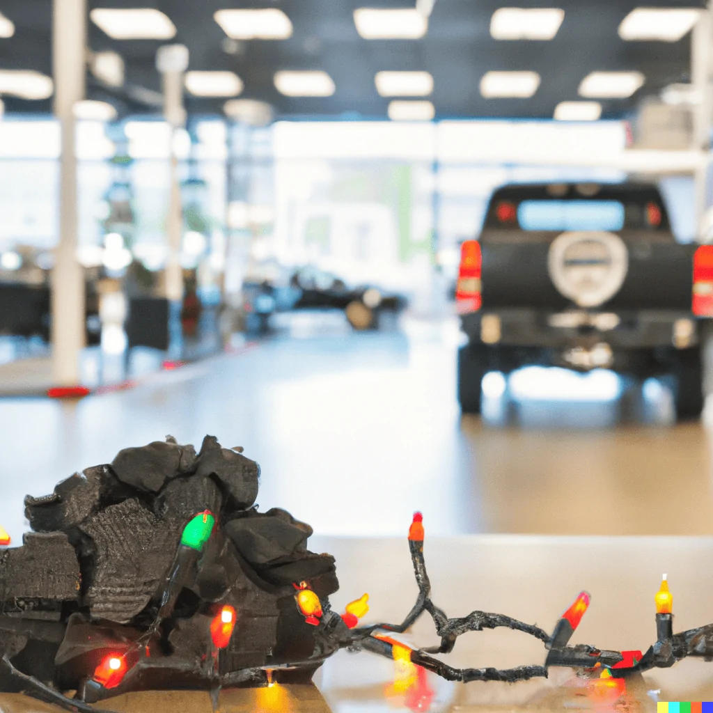 Ford Bronco Full Size Christmas Lights Bronco at dealership DALL·E 2022-12-04 08.50.52 - lump of coal with Christmas lights on floor in car dealership sh