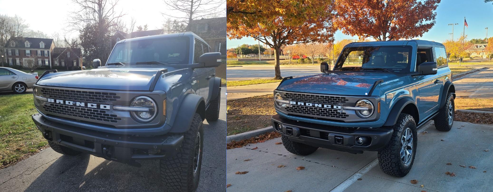 Ford Bronco Azure Gray vs Area 51 colors side-by-side comparison pics + AGM in the sun 3ONFIgT