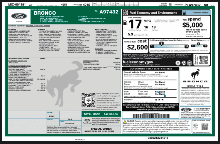 Ford Bronco 12/19/2022 build week group httpswww.windowsticker.forddirect.comwindowsticker.pdfvin=1FMDE5CH9PLA97432