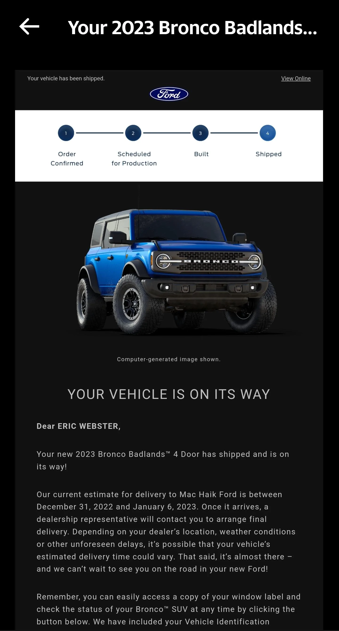 Ford Bronco 12/12/2022 build week with spreadsheet Screenshot_20221231_125534