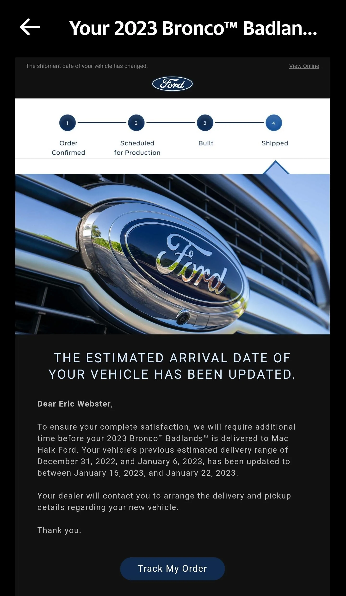 Ford Bronco 12/12/2022 build week with spreadsheet Screenshot_20230103_203215