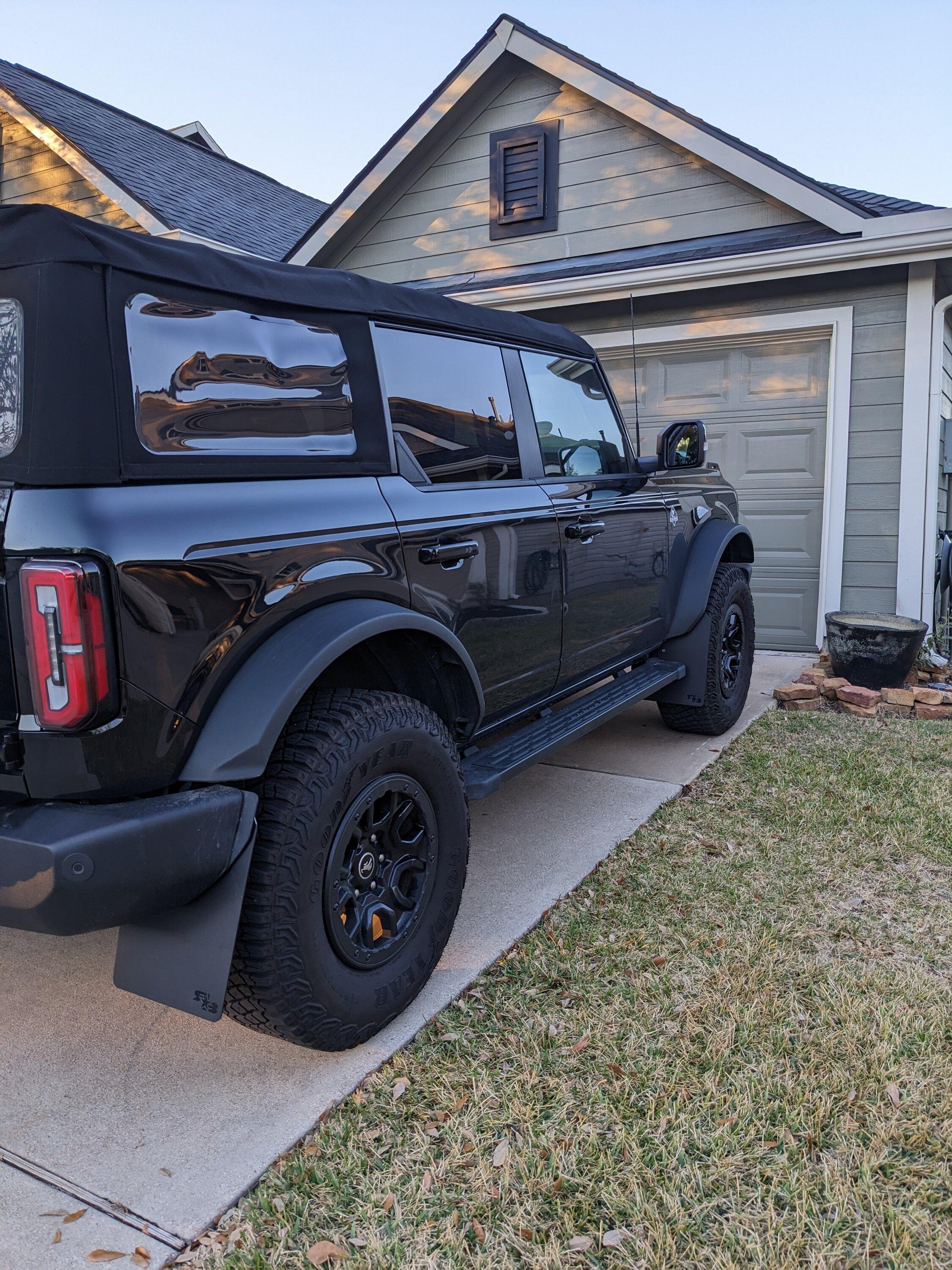 Ford Bronco Rokblokz mudflaps installed on Bronco PXL_20230108_230914962