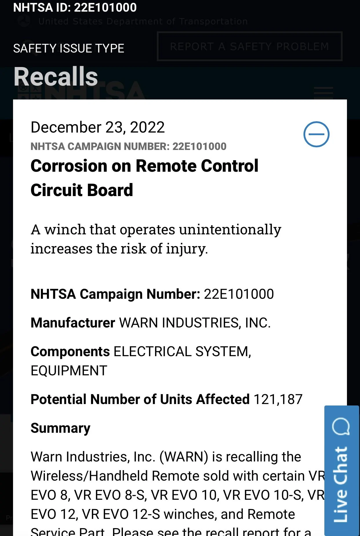 Ford Bronco Warn VR Evo Winch remote recall 67C2252A-F26D-4ADE-8C4A-4CA9BFEB0478