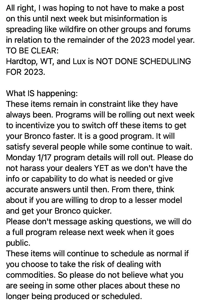 Ford Bronco No more 2023MY scheduling for hardtops, Sasquatch and LUX (reported by dealership) C5D22005-CDCB-4645-AEC5-F2570743CF06