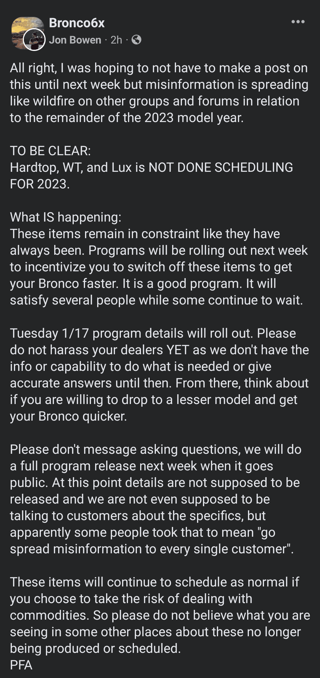 Ford Bronco No more 2023MY scheduling for hardtops, Sasquatch and LUX (reported by dealership) 1000001589