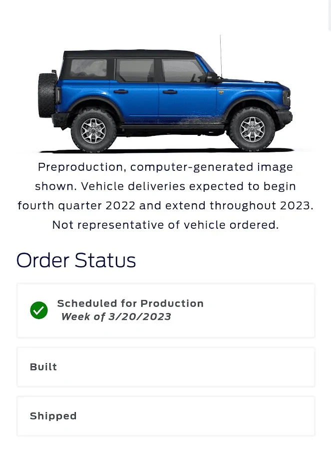 Ford Bronco 3/20/2023 Build Week with spreadsheet 1675781882830