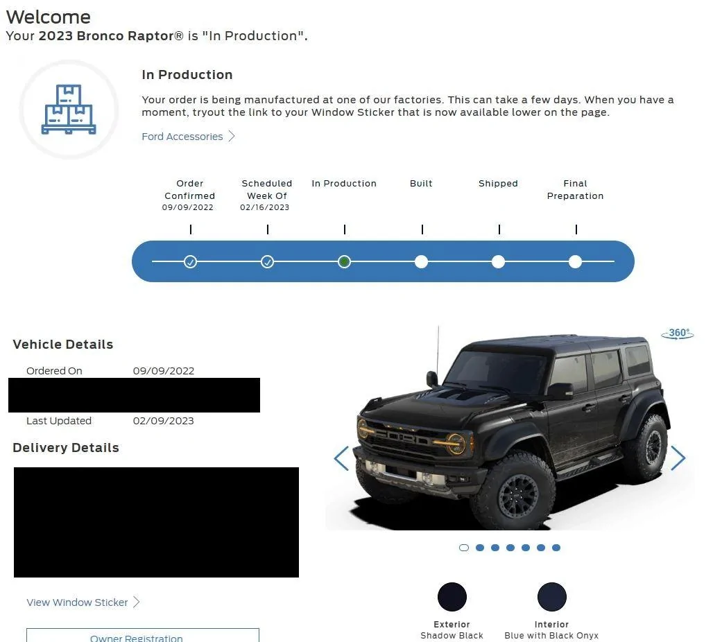 Ford Bronco 02/13/2023 Build Week BRaptor In Prod Status