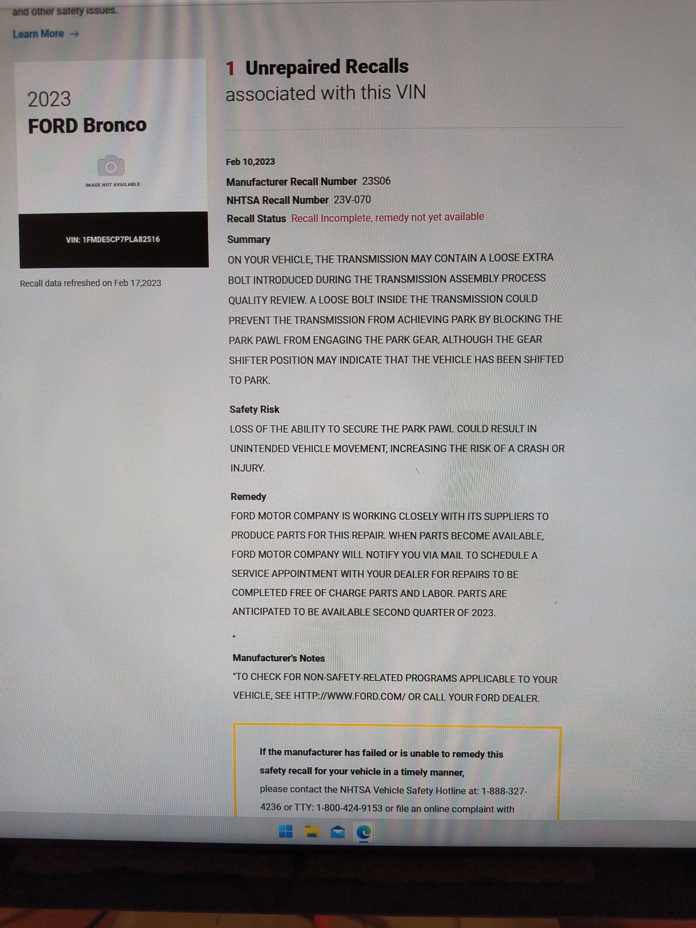 Ford Bronco STOP delivery on some Broncos due to 10-speed auto transmission recall (build dates: 11/14/22 - 01/12/23) -- loose bolt / park pawl issue IMG_20230217_053444354