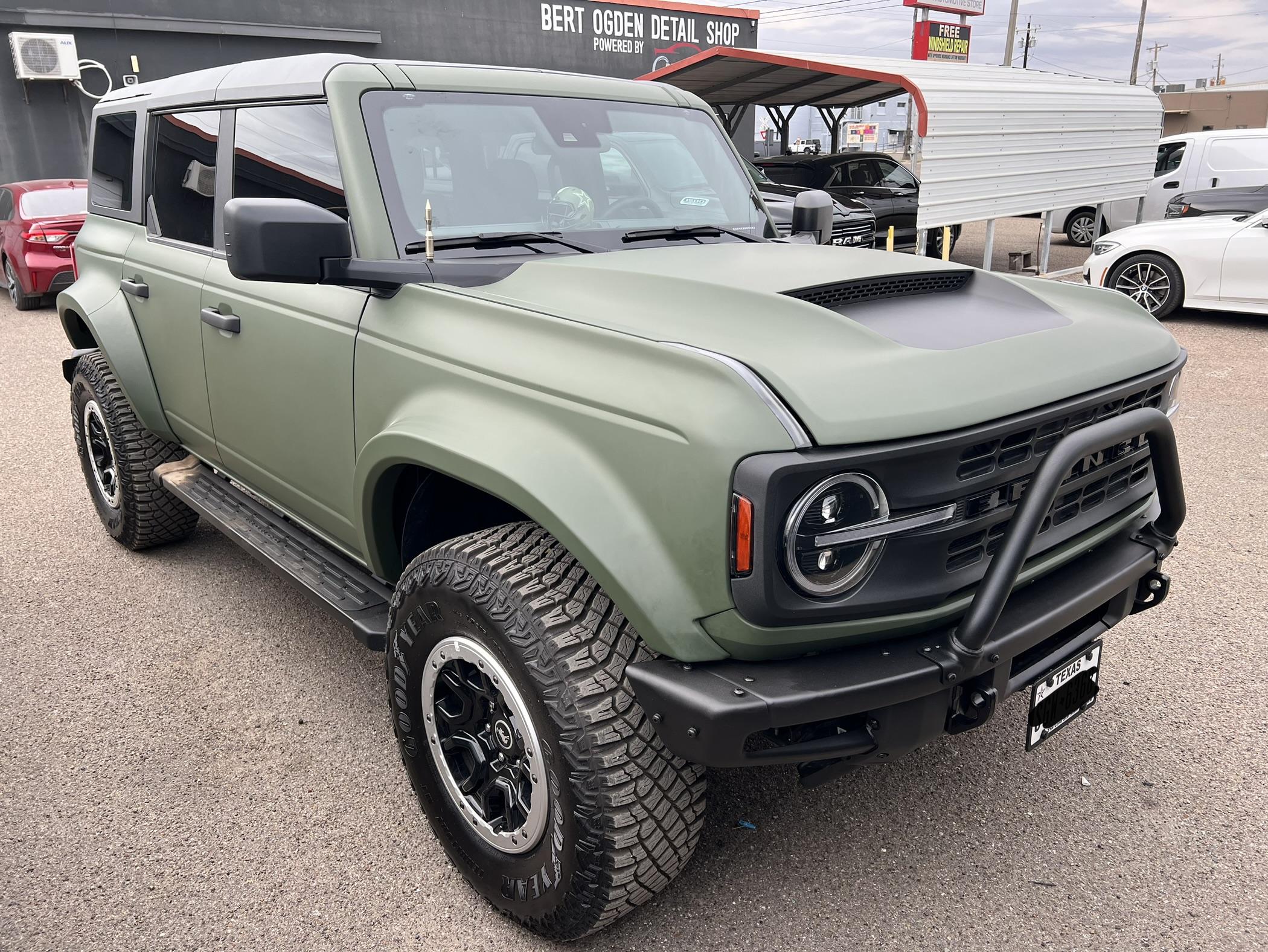 Ford Bronco ADV Fiberglass Fenders and Ram Air Hood Installed on Matte Olive Basesquatch 44CD4D5E-3E68-4A1B-91AE-3E0E93618582