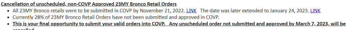 Ford Bronco Reminder: COVP Deadline is March 7. Currently 28% of Bronco Orders Still Not COVP'd and Approved 1677163986267