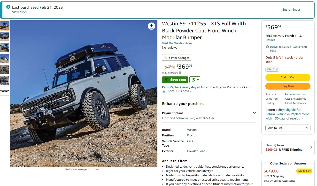 Ford Bronco Westin xts bumper on amazon for 377$ ?! 1677255942531