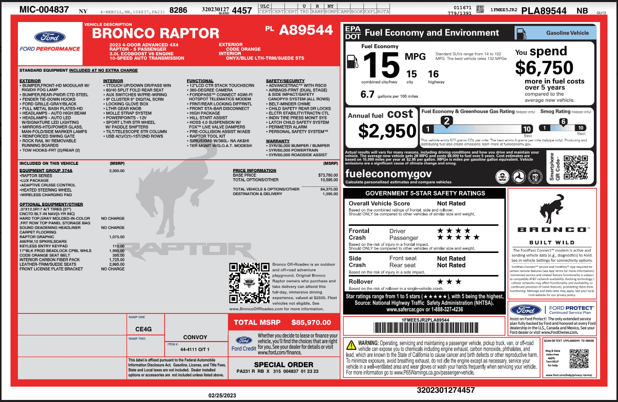 Ford Bronco 2023 Code Orange Bronco Raptor for sale 1677701722957