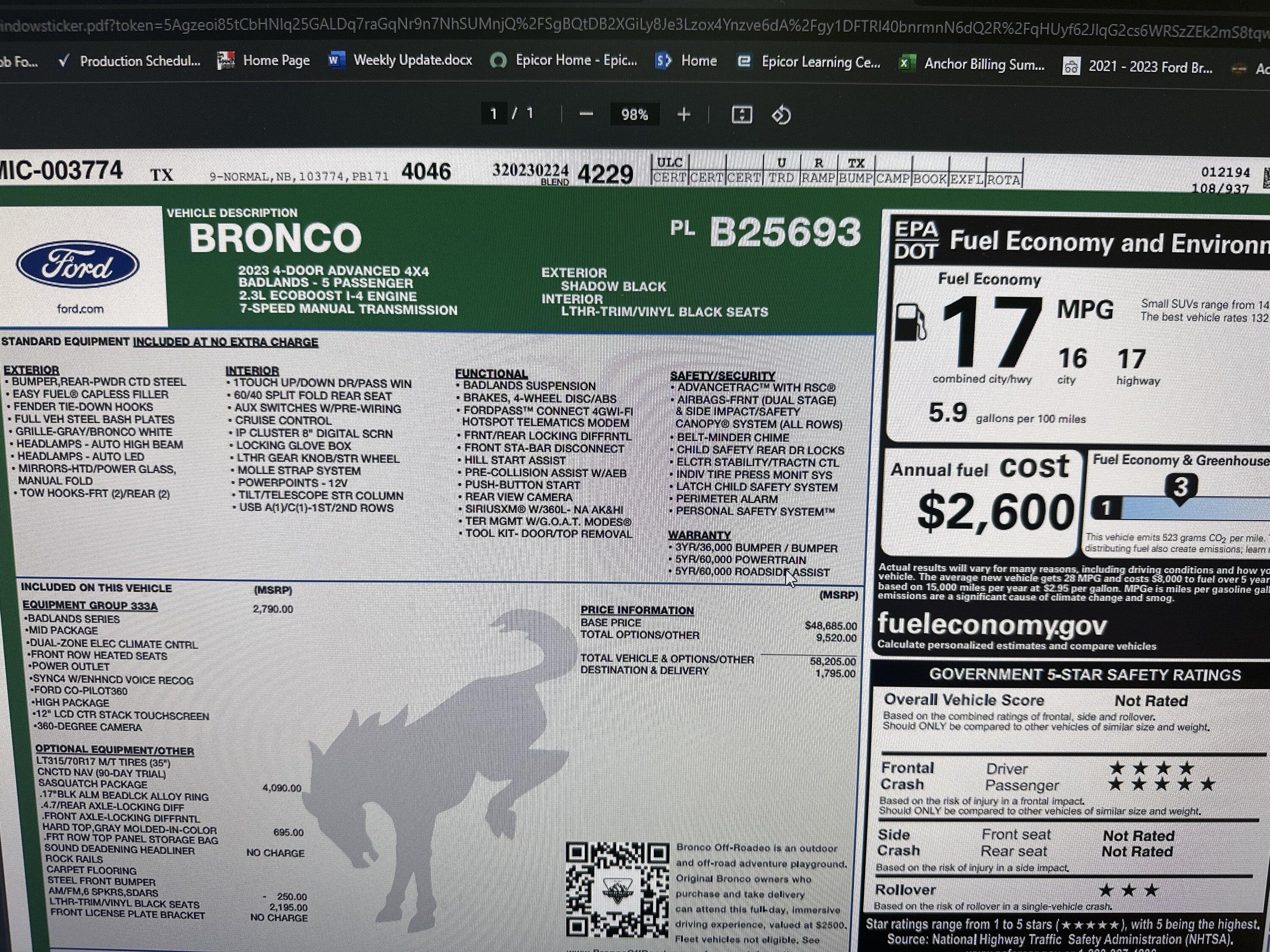 Ford Bronco 2/27/2023 Build Week - With Spreadsheet image