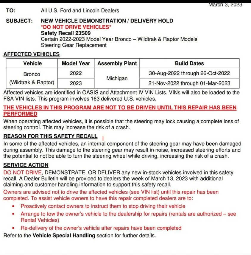 Ford Bronco ⚠️ Steering Gear Safety Recall: DO NOT DELIVER OR DRIVE -- Wildtrak and Raptor Models (Built 8/30/22 - 3/1/23) [Update: VIN List Added]] 1677959528161