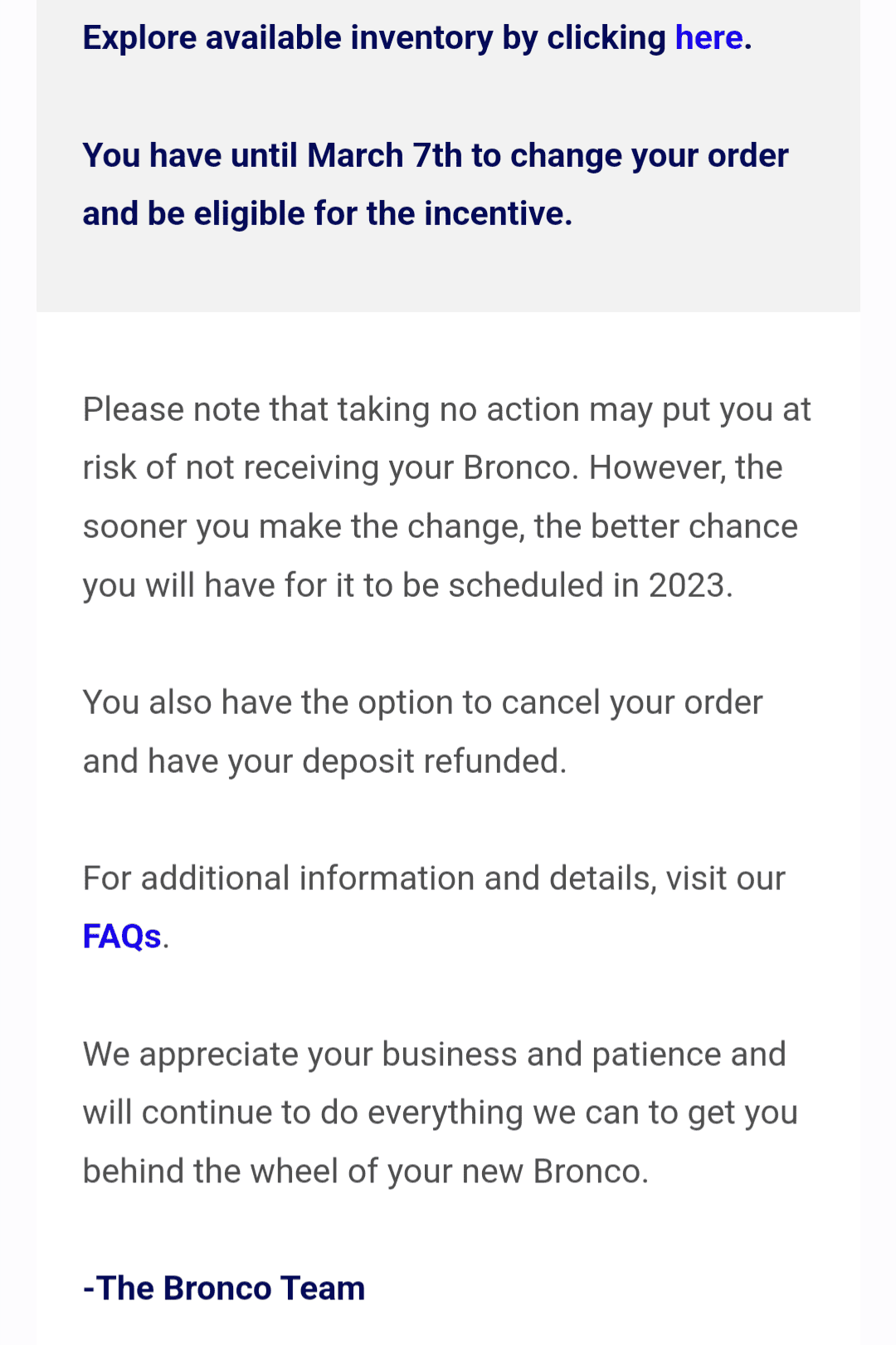Ford Bronco Anybody getting their order cancelled? Screenshot_20230304-160852