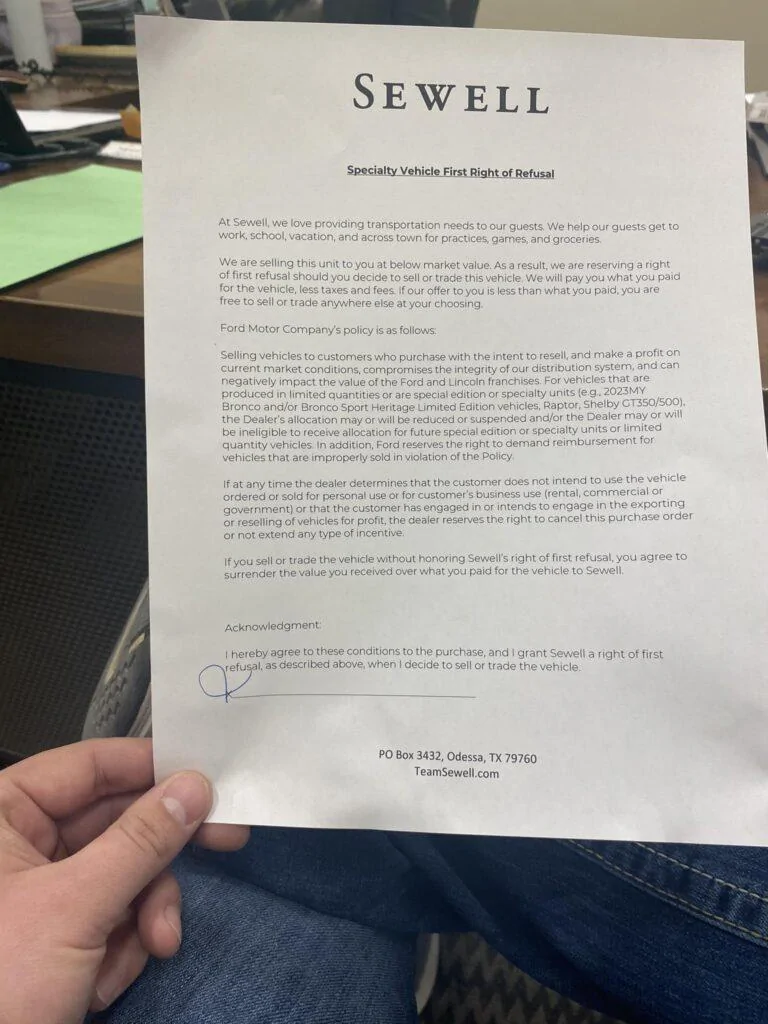 Ford Bronco Ford Dealer Requiring Resale Right-of-First-Refusal From New Bronco Raptor Buyer 334437293_886194925830638_6906219335726597603_n-768x1024