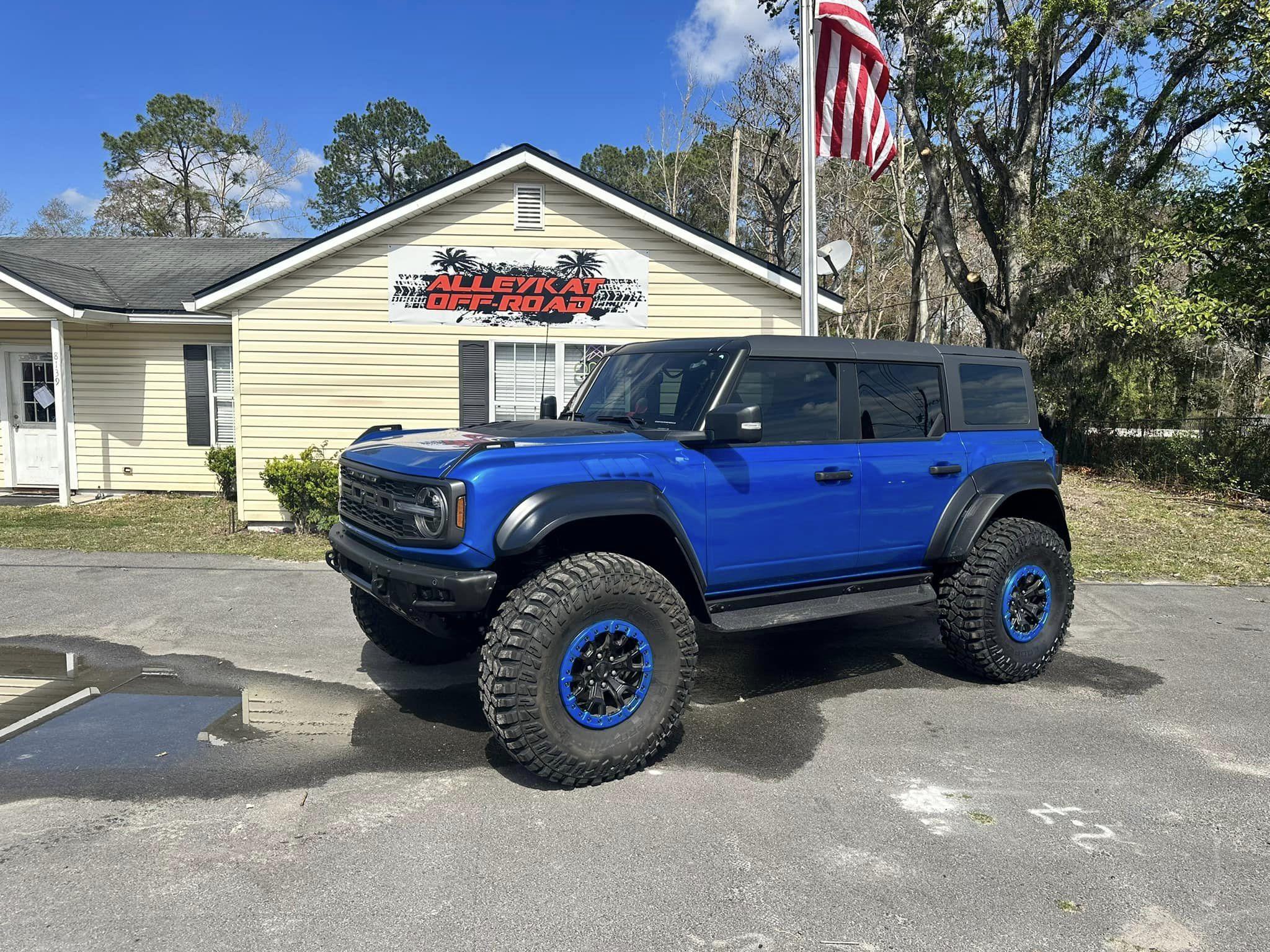 Ford Bronco Velocity Blue Bronco Raptor on 40's and 3" RPG lift collars 333102776_509291464610827_6299587208559758687_n