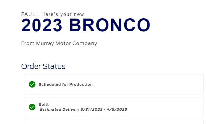 Ford Bronco 03/06/2023 Build Week 1678321125320